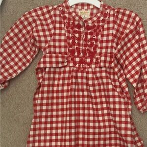Pink Chicken Red Gingham Dress with Floral Embroidery